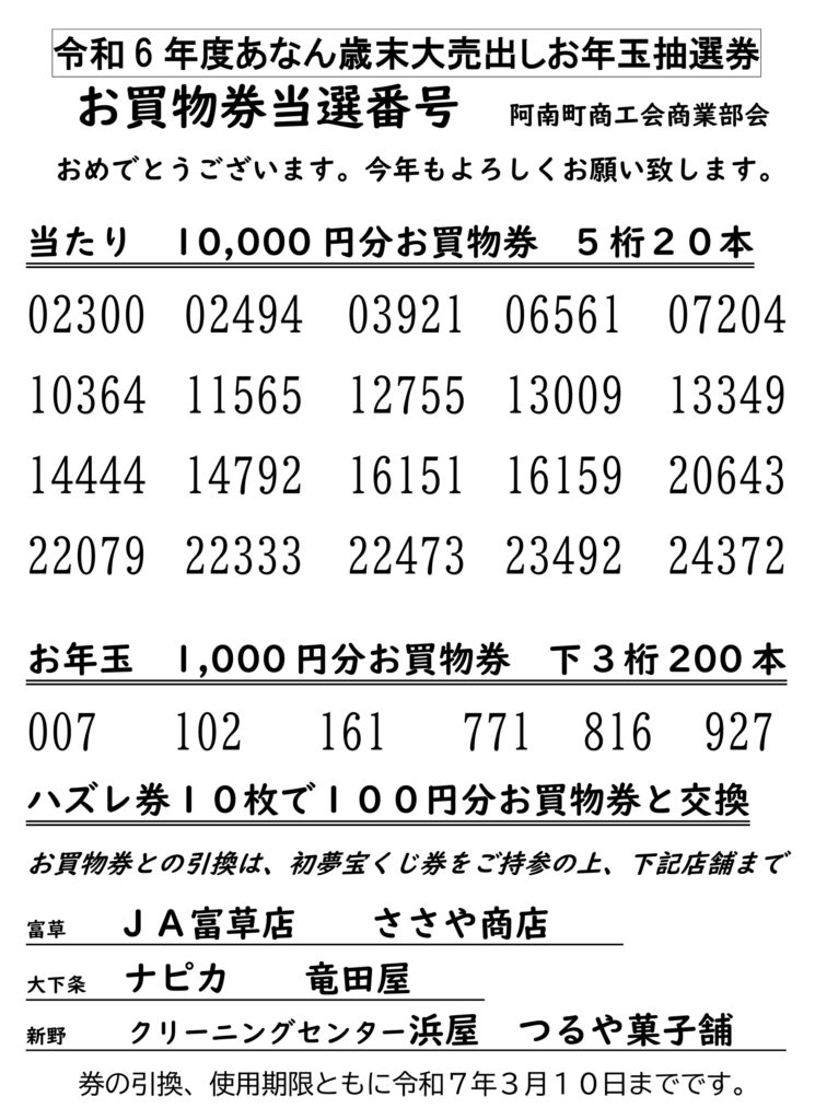 令和6年度あなん歳末大売り出しお年玉抽選券当選番号 阿南町商工会